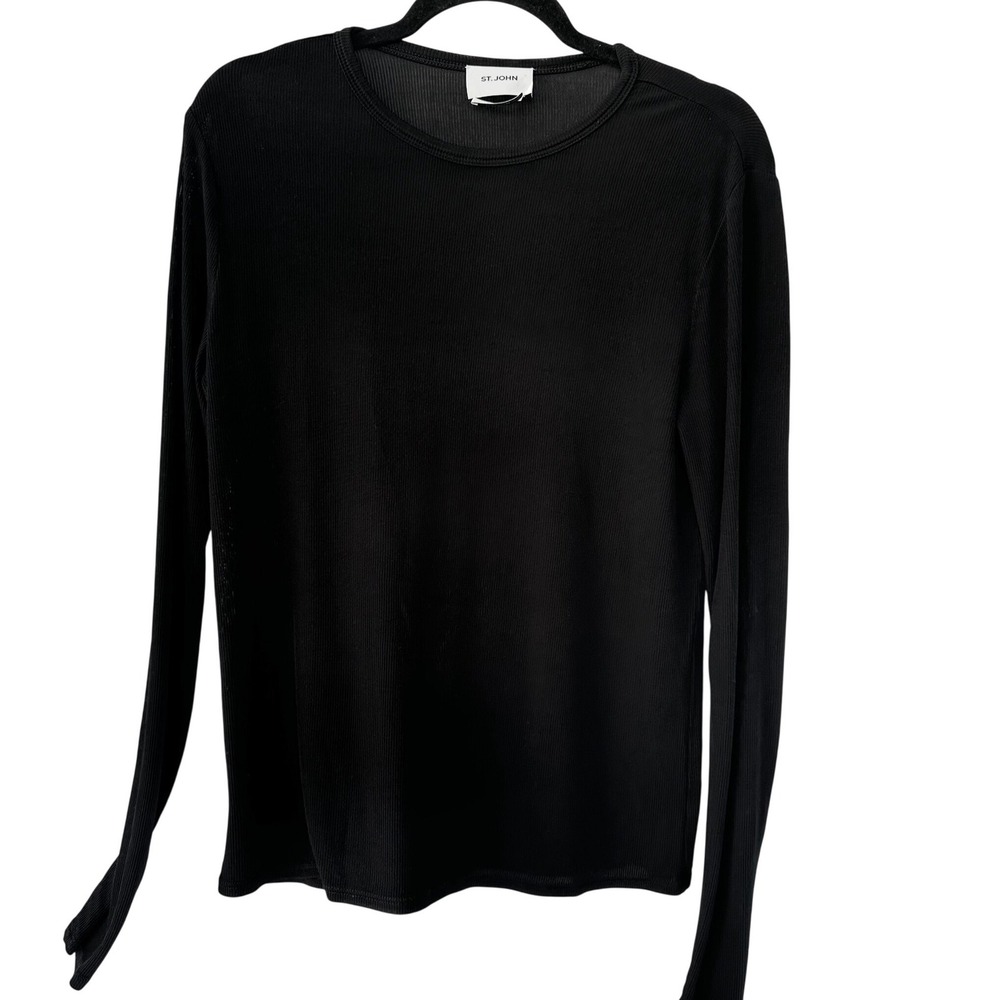 St. John Long Sleeve Top Women Large Black Ribbed Viscose Stretch Crew‎ Neck